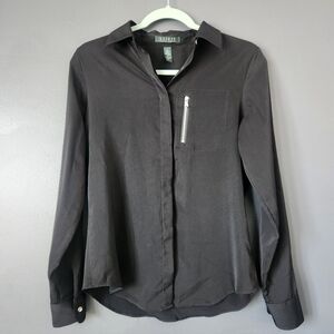 Lauren Ralph Lauren Women's S Black Satin Zipper Flowy Hidden Button Top EUC